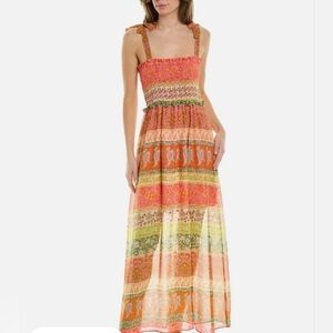 Maison Tara Smocked Maxi Dress Size 14 Floral Paisley Sheer *HOST PICK* Festival